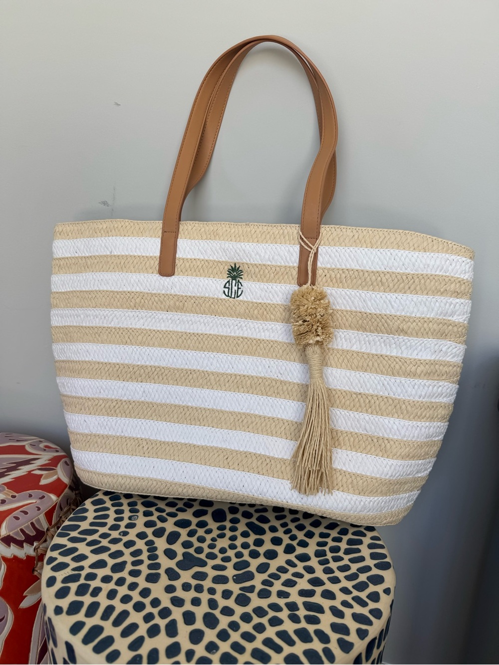 Mark & Graham Striped Straw Tassel Tote - White & Natural “SCE” Monogram